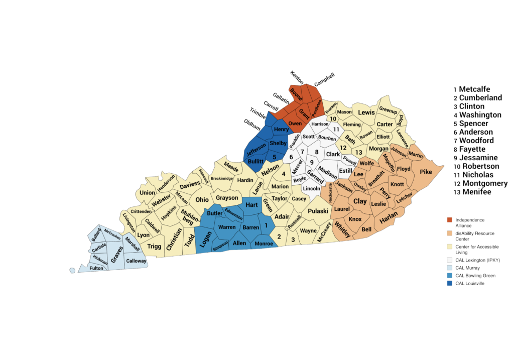 Kentucky Centers for Independent Living service areas. The Center for Accessible Living serves the western, central and northern-central counties from four offices. The disAbility Resource Center serves the eastern counties. The Independence Alliance serves the far northern counties along the Ohio River.